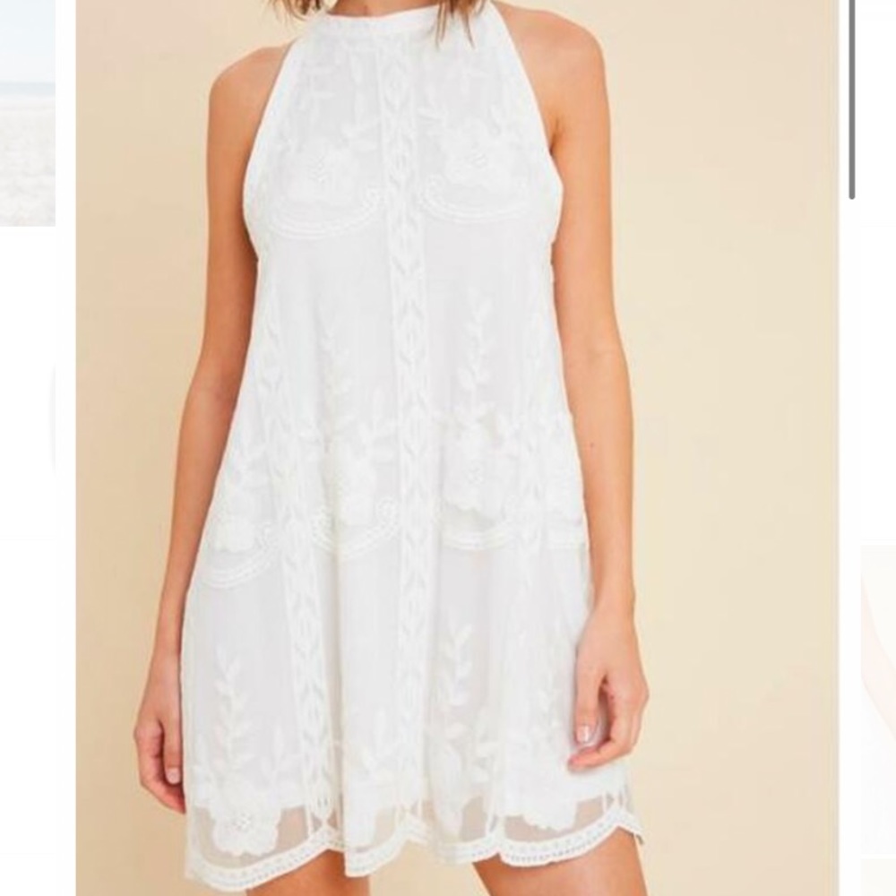 White Halter Embroidered Lace Dress